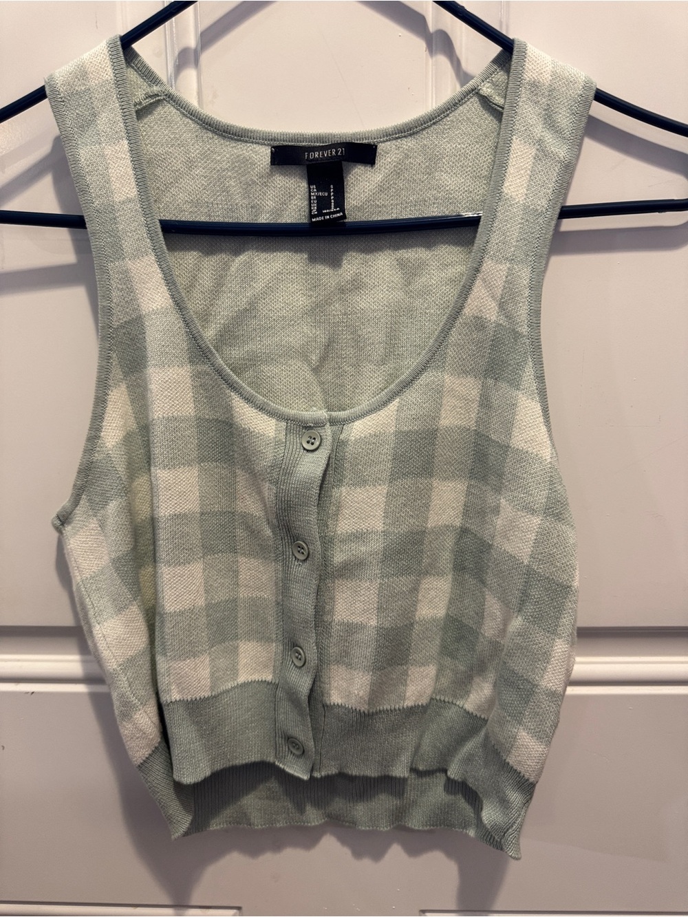 Forever 21 Sage Green White Checkered Knit Cropped Button-Up Vest Tank Top Sz S